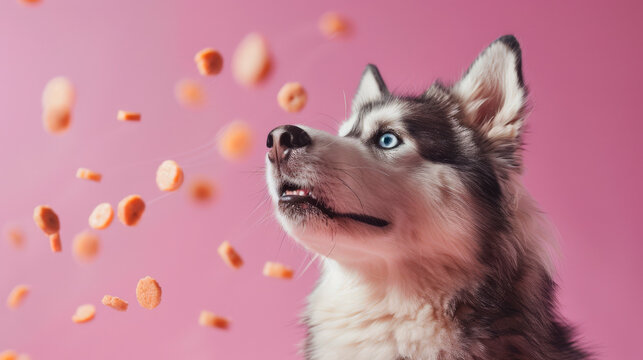A cheerful malamute with a big smile sits attentively as colorful treats float around it, showcasing a playful spirit in a bright setting