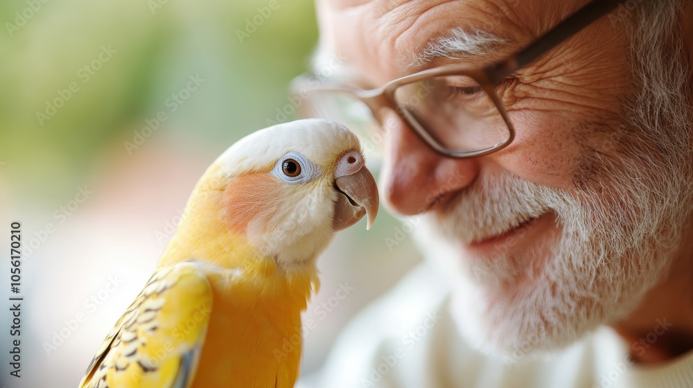 Wall mural an elderly man with eyeglasses tenderly interacts with his colorful pet bird, conveying a sense of c