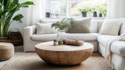 A serene Scandinavian-inspired living room featuring a round wooden