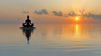 A person meditating on calm water during sunrise with beautiful colors reflecting off the surface