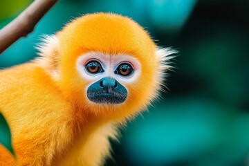 Fototapeta premium Adorable golden-furred monkey curiously gazes into the lens in soft daylight against a muted backdrop