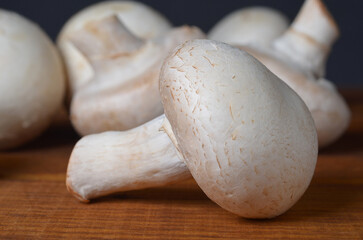 Fresh champignon mushrooms close-up on a kitchen wooden board, frontal view, detail, cooking, healthy food, diet