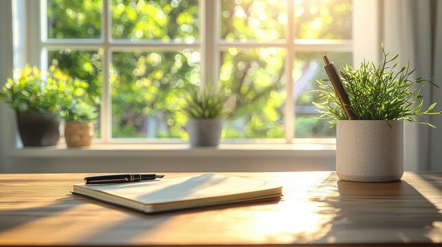 A bright and serene workspace with sunlight streaming through the window