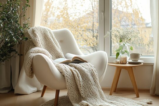 scandinavian reading nook, a comfy scandinavian reading corner near the window, featuring a soft pastel armchair, wooden side table, and a warm woolen throw under soft light