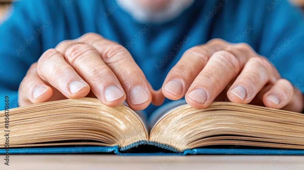 Poster hands gently touch the pages of an open book, inviting exploration and reflection, ai
