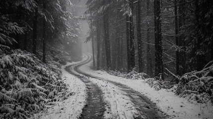 A winding dirt road through a snow-covered forest during a winter storm