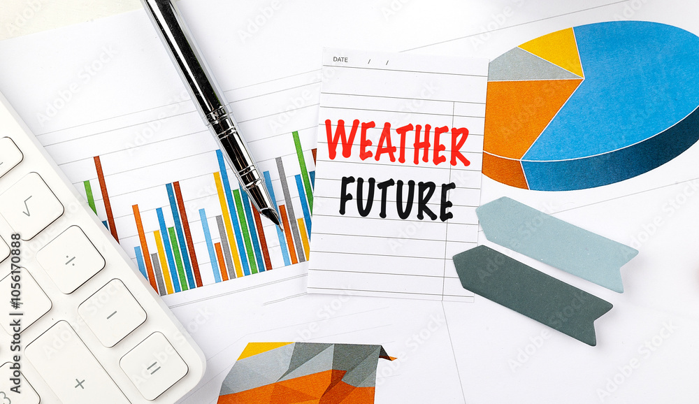 Poster weather forecast concept with charts, graphs, and data analysis tools, representing predictive analy