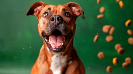 This happy pitbull dog displays an excited expression while sitting, joyfully catching treats that are flying through the air