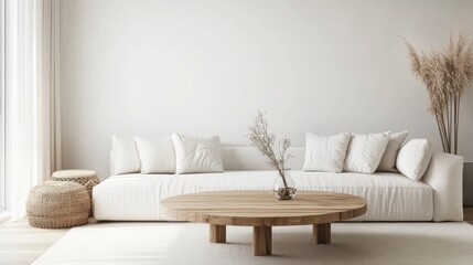 Naklejka premium A stylish Scandinavian living room featuring a round wooden coffee table