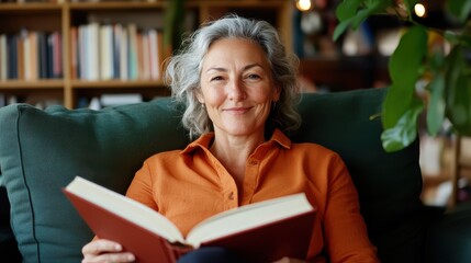 A mature woman with gray hair sits comfortably on a couch, reading a book with a content smile. The background is filled with books, suggesting a cozy atmosphere.