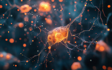 Colorful neural connections amidst glowing particles in a scientific illustration of brain activity