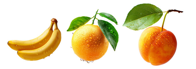 Set of banana, grapefruit and apricot with dew drops and leaves isolated on white background.