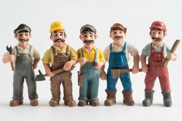 Five comical carpenters figurines holding tools in a whimsical display against white background