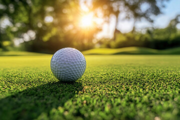 Obraz premium A close-up of a golf ball resting on green grass during sunset at a serene golf course