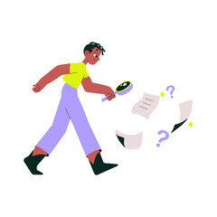 Male Investigator Examining Documents With Magnifying Glass In Flat Vector Illustration Symbolizing Investigation, Research, And Analysis, Isolated On White Background