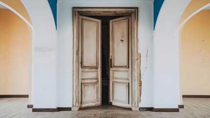 Fototapeta premium Faded wooden door with scratch marks, bright painted walls