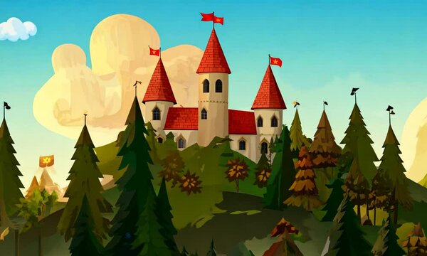 Cartoon style Old castle on top of the mountain in the middle of the forest. Generative AI
