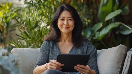 Fototapeta premium A woman sits comfortably on a sofa in a garden, enjoying the serene atmosphere while using a tablet. Surrounded by greenery, she radiates joy and calmness on a bright afternoon.