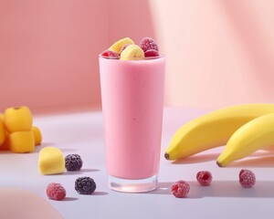 A fruit smoothie in a clear glass with colorful fruits like berries and bananas scattered around it. The image focuses on the freshness and vibrancy of the ingredients, set against a pastel backdrop