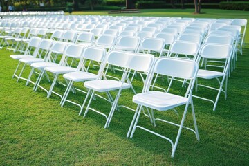 Rows of white folding chairs preparing for an outdoor event on lush green grass