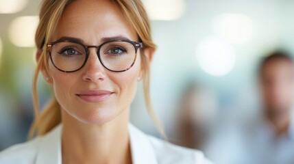 A confident woman wearing glasses stands in a professional setting, embodying intelligence and readiness, with a blurred background suggesting a business environment.