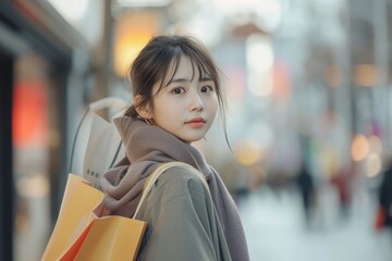 Beautiful Japanese woman with shopping bags strolling through a lively street in winter, capturing the essence of urban life
