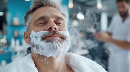 An experienced barber applies foam for a hot towel shave. The atmosphere is calm, capturing the essence of traditional grooming and personal care.