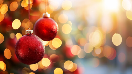 Fototapeta premium Christmas balls hanging on an out-of-focus background.