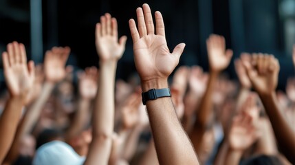 A crowd of people actively raise their hands, participating and engaging in an event, with a prominent watch on one of the wrists capturing attention.