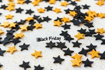 Black glitter stars background with text "Black Friday" on a white background, in black and gold colors Generative AI