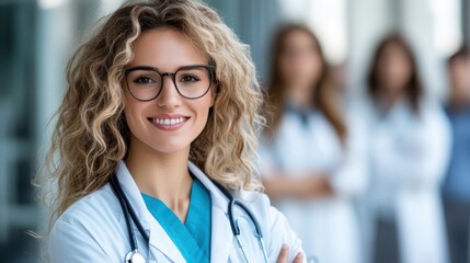A smiling female doctor with curly blonde hair and glasses in a white coat, exuding professionalism and warmth in a modern clinical setting.