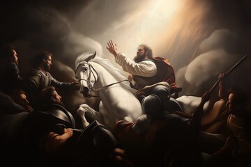 Saul is depicted on a white horse, encountering a blinding light as he is confronted by divine intervention, leading to his transformation into the future apostle Paul