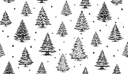 Christmas pattern with tree black on white, hand drawn illustrations	
