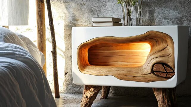 A stylish bedside table with a unique wooden design and ambient lighting.