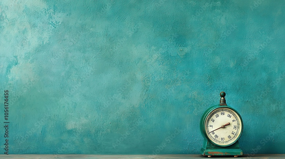 Poster a clock is perched on a table in front of a blue wall and there's another clock resting atop the tab