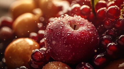 Close-up of fresh winter fruits, with droplets of water, under realistic lighting