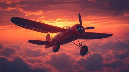 Vintage red biplane flying above clouds during colorful sunset, aircraft in the sky, aerial view of...