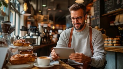 A man with glasses relaxes in a bustling cafe. He enjoys a cup of coffee as he attentively reads on his tablet, surrounded by pastries and the warm atmosphere of the cafe's interior.