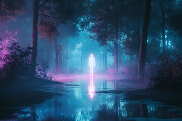 Surreal neon lit scene  glowing humanoid in misty forest with reflective water surface
