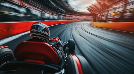 A person is happily riding a go kart that has the number 3 on its front side