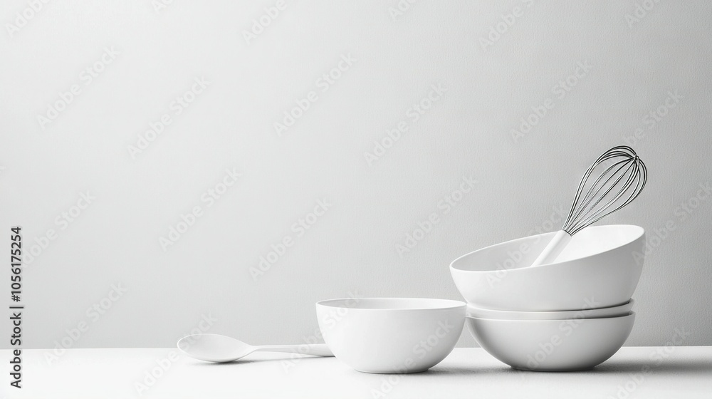 Poster a white bowl with a whisk inside and another bowl with a whisk sitting on a table