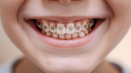 Fototapeta premium Close-up of a smiling child with braces showcasing dental care and orthodontic health