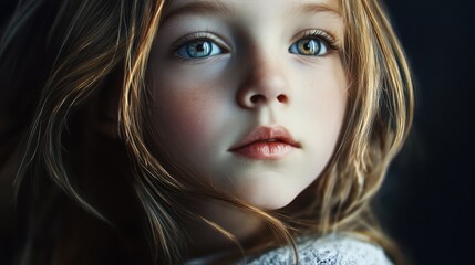 Detailed and emotive portrait of a young girl with a shy gaze,
