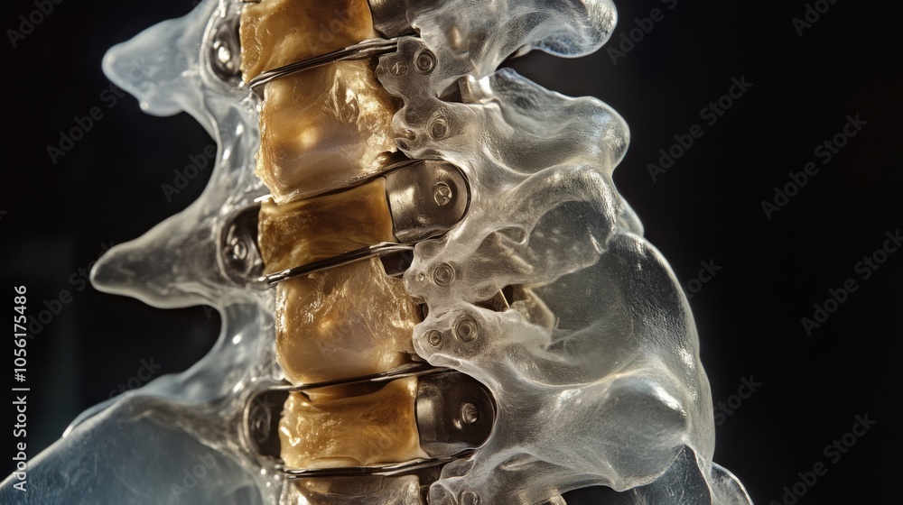 Aufkleber a close-up depiction of a spine model emphasizes the vertebrae and metal supports used in orthopedic