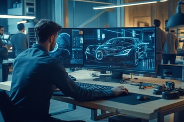 Designer at dual monitors in modern office with electric car and futuristic hologram display