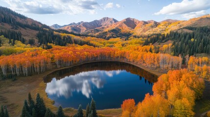 A serene mountain lake surrounded by vibrant fall foliage, reflecting the blue sky and fluffy clouds.
