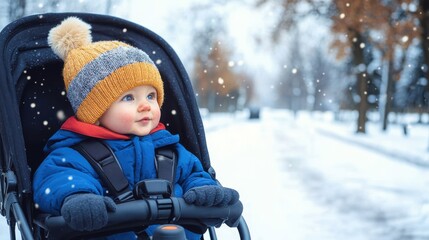 A cute baby bundled in a blue jacket and knit hat, seated in a stroller, is surrounded by a serene snowy winter landscape, evoking peace and warmth.