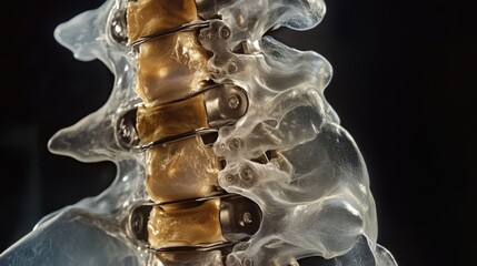 A close-up depiction of a spine model emphasizes the vertebrae and metal supports used in orthopedic applications.