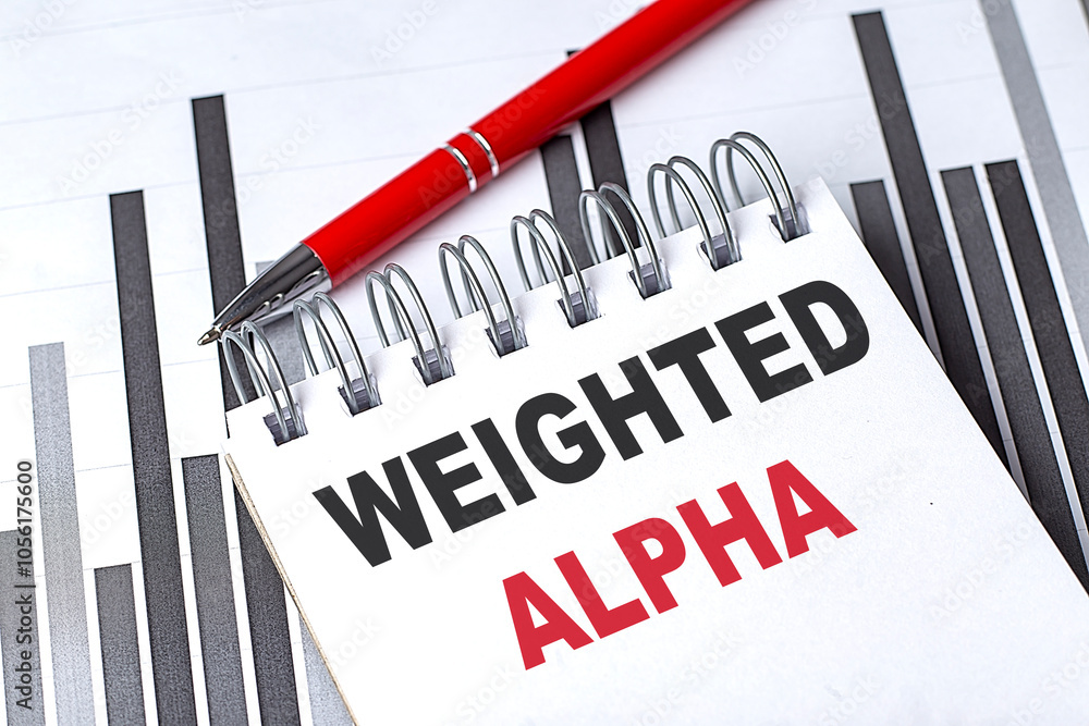 Poster weighted alpha concept with text on a notebook, red pen, and bar charts