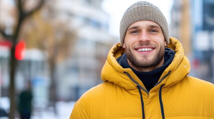 A young man with a bright smile in a yellow jacket and gray beanie enjoys a leisurely winter walk in an urban setting with blurred buildings and snow.